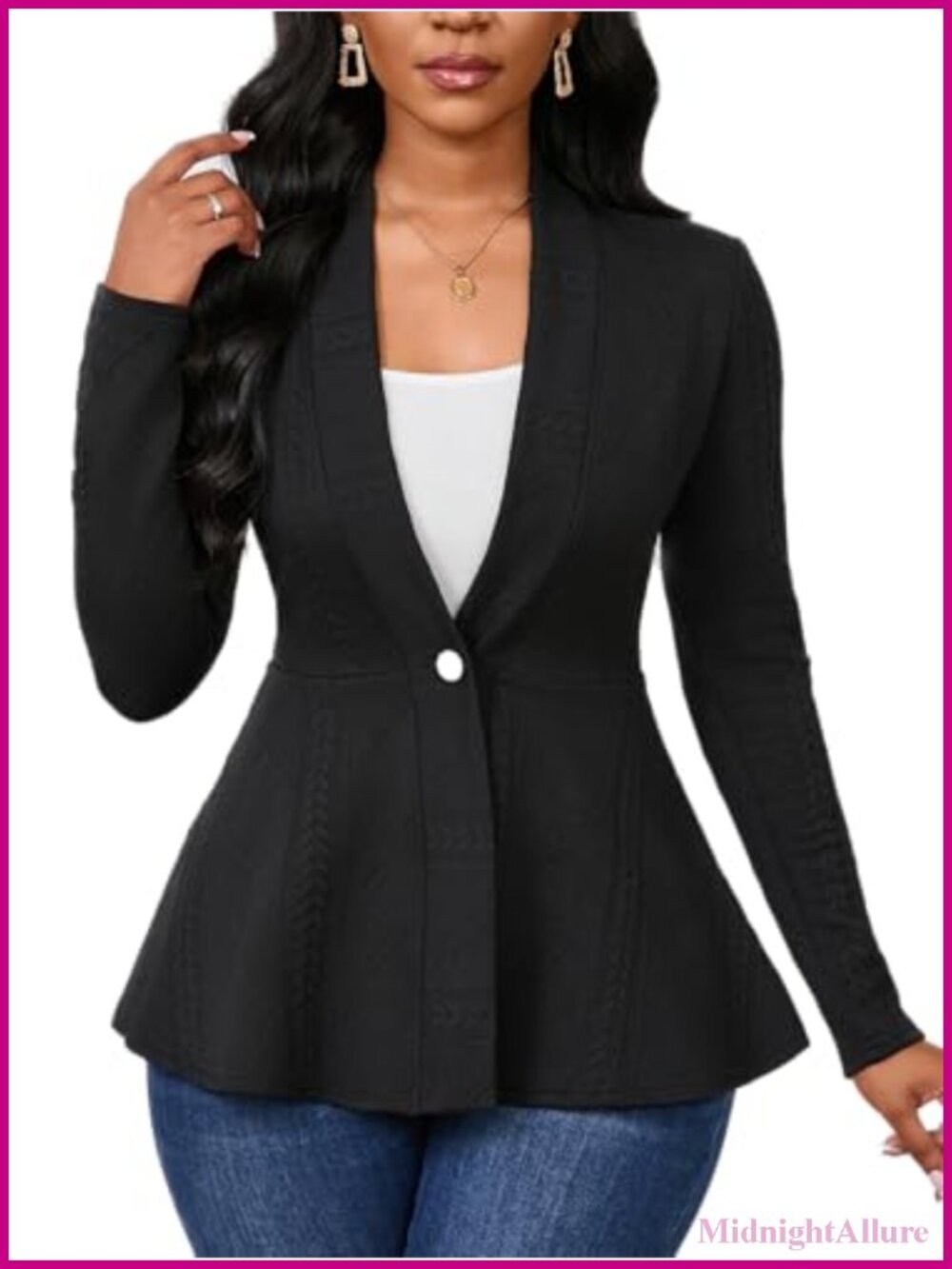 Lightweight Button Knit Blazer Shawl Collar Ruffle Hem Work